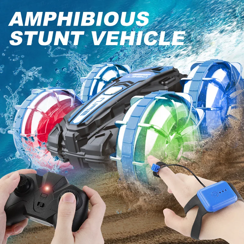 Amphibious RC Car Boat 4WD Stunt Vehicle Waterproof Remote Control Car with LED Lights & Gesture Control Pool Toy