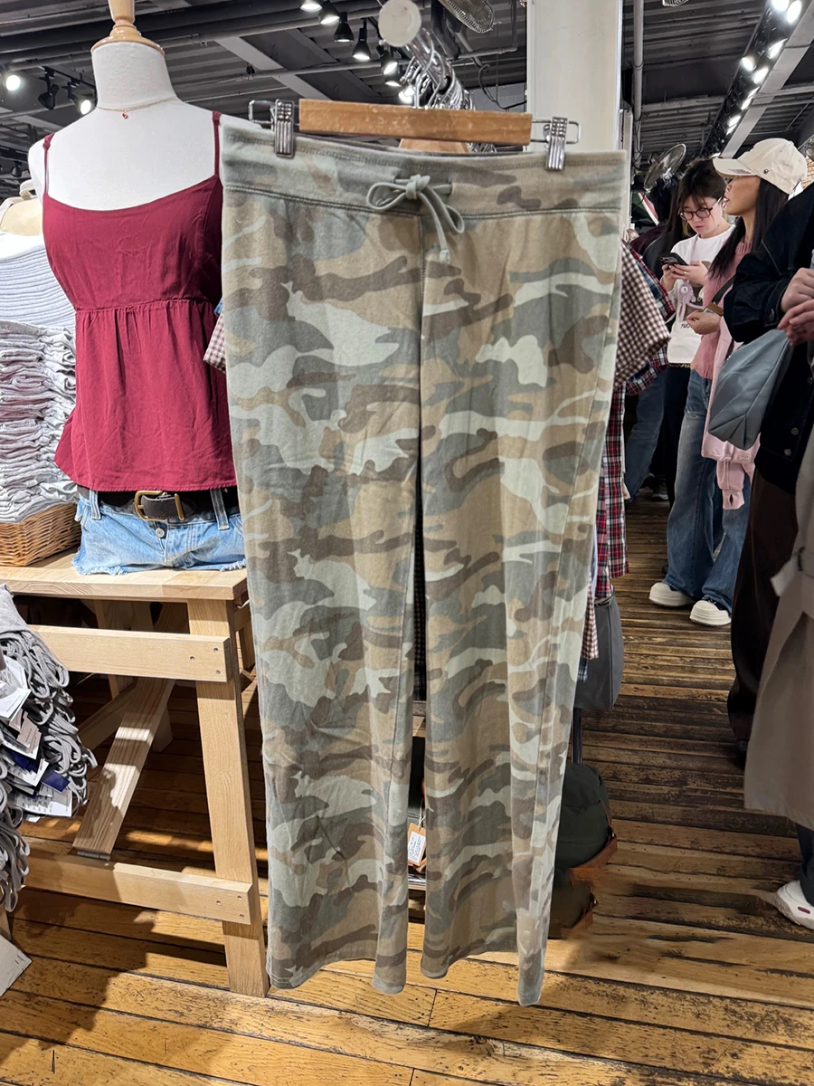 Image of Neue Camouflage-Jogginghose mit Kordelzug für Damen, Sommer, unbearbeiteter Saum, niedrige Taille, gerade Hose, Vintage Streetwear, Baumwoll-Sporthose, Y2k
