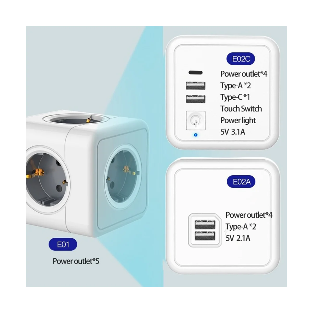 European Smart Power Strip Plug Adaptor Surge Protect Power Square Extension Wall Socket, E02A-EU Plug