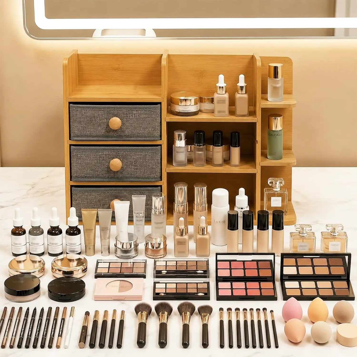 Large Bamboo 3-Tier Vanity Makeup Organizer, Countertop Storage Stand with 3 Drawers & 10 Compartments, for Makeup Brushes, Nail Polish & Perfume