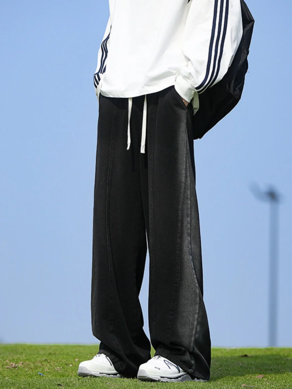 

Модные американские ретро-джинсы с широкими штанинами, повседневные длинные брюки для мужчин, прямые свободные джинсы с завязками, черные с вставками, свободный крой, осенние