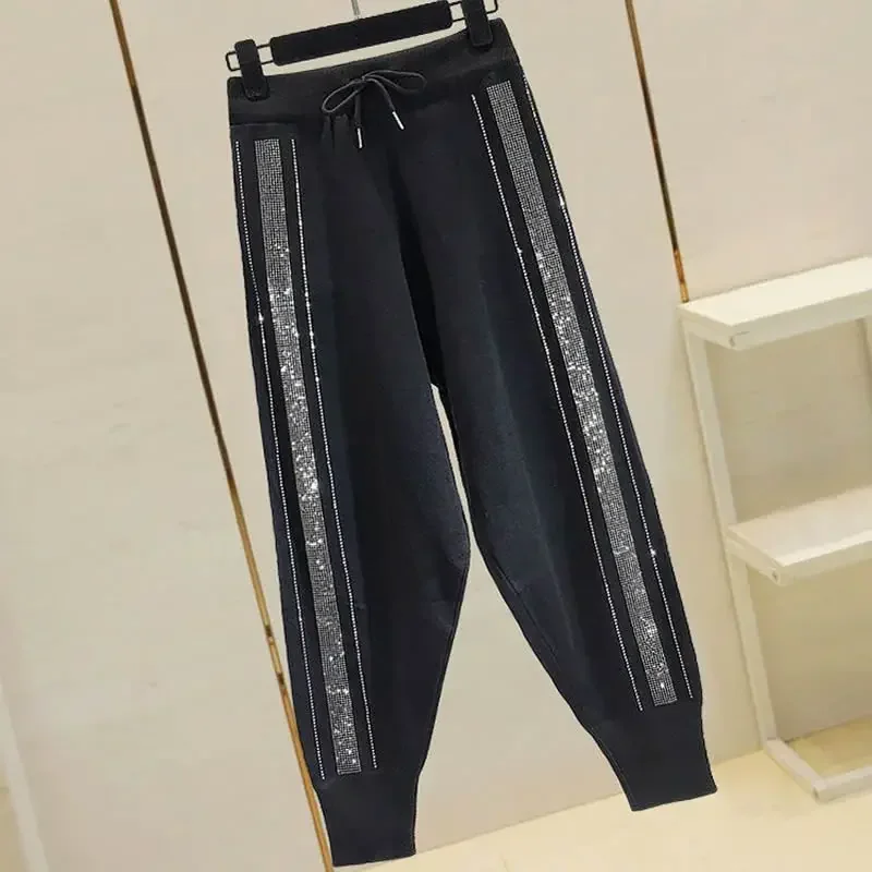 Loose Fit Black Knitted Harem Pants for Women with Diamond Rhinestone Decoration Elastic Waistband Sweatpants Cropped Pants
