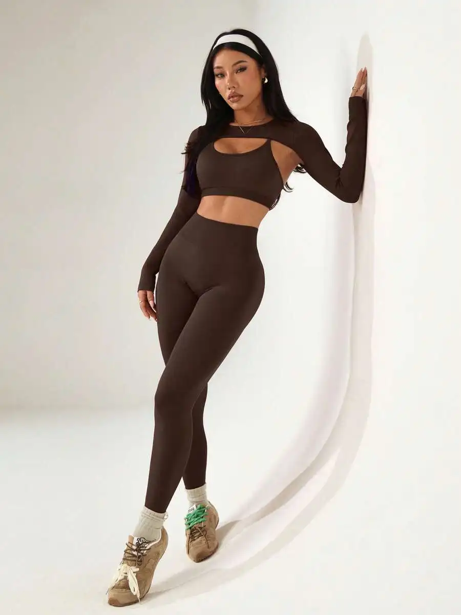 

Women Solid Color Long Sleeve Crop Top And High Waist Leggings Sports Set