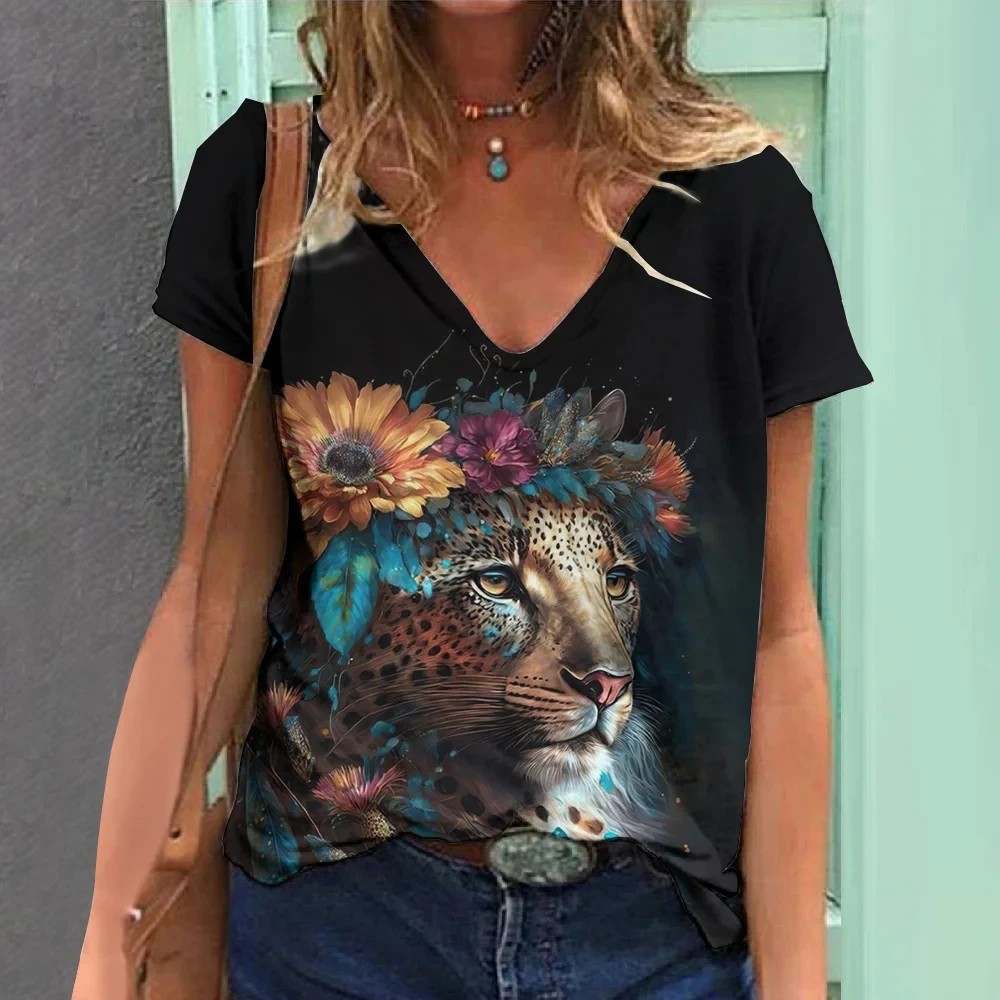 Tiger Graphic T-Shirts Animal 3D Print Women Short Sleeve T Shirt V-Neck Streetwear Oversized Harajuku Female Tees Tops Clothing