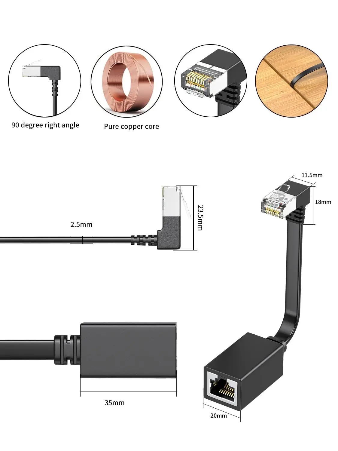 Right Angle Cat7 Ethernet Flat Extension Cables,LAN  Network Patch Cord Male to Female Connector for Router Smart TV Laptop