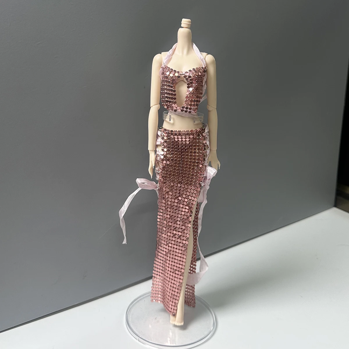 Elegant Rose Gold Metal Sequin Vest+Silk Tie-waist Half Skirt Set For 1/6 Babi Xianxian Supermodel Doll Dress Up Clothing Parts