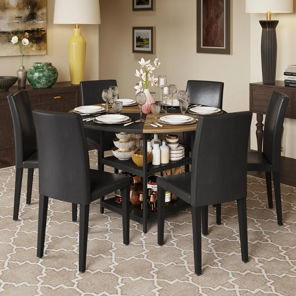 

47" Dining Table Set for 6 with Chairs，Round Dining Table Set for 6，Black & Brown Wooden Tabletop and 6 PU Leather Chairs