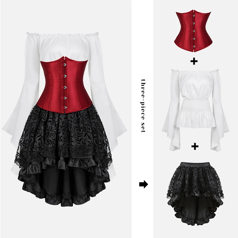 Victorian Corset Dress Long Sleeve Cosplay Costume Steampunk Dresses for Women Shoulder Off Dress with Corset Plus Size Vintage