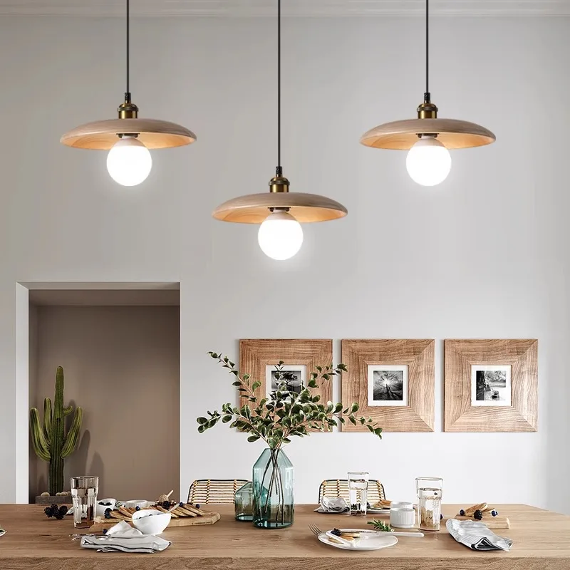 

Nordic Retro Solid Wood Study Bar Light Pendant Lights Bedroom Bedside Dining Table Decoration Tea Room Hat Hanging Lamp E27