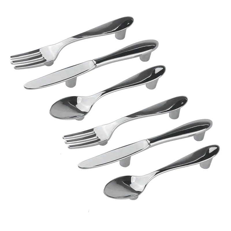 6 PCS Knife Spoon Fork Kitchen Cabinet Closet Drawer Pull Handles Knobs 3-Inch Center To Center (Silver)