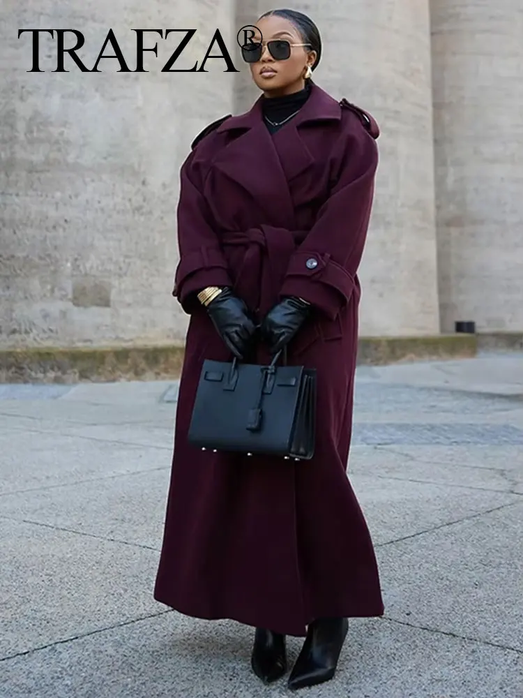 TRAFZA Female Autumn Elegant Oversize Burgundy Windbreaker Long Sleeves Lapel Double Breasted With Belt Commute Outerwear Coat