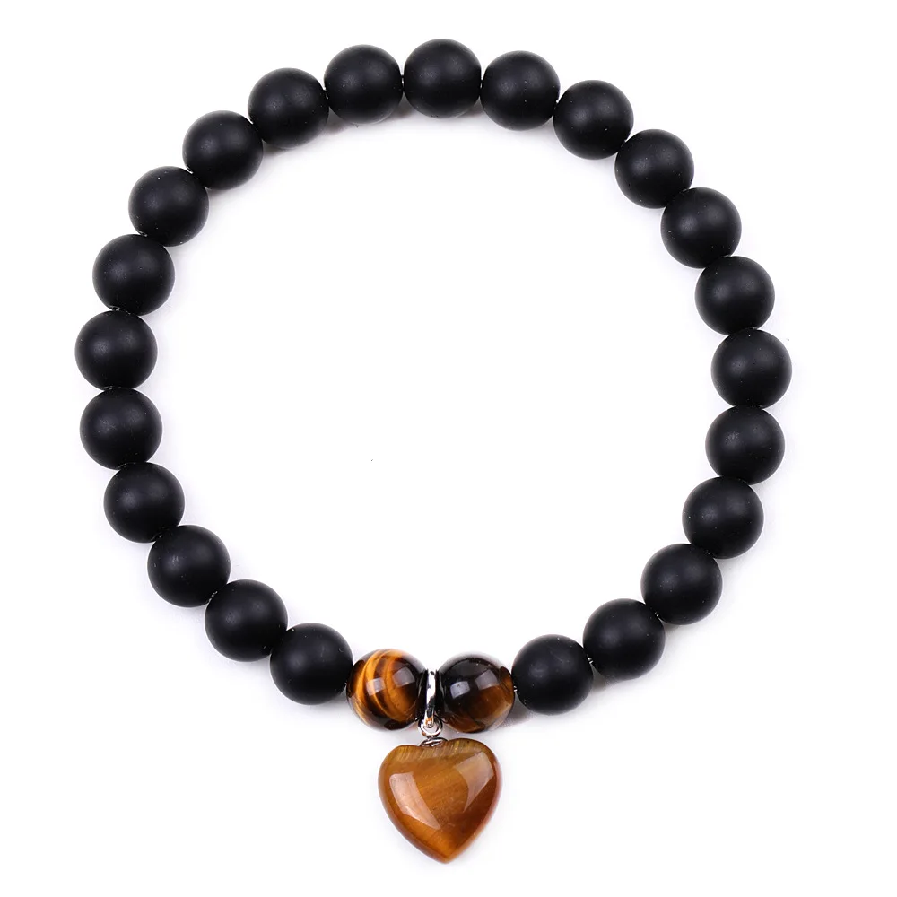 8mm Black Matted Bead Bracelet Love Heart Charms Chakra Stone Elasticity Bracelet for Women Men Jewelry Free Drop Shipping