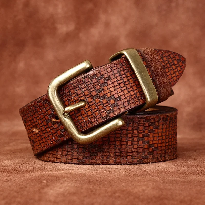 3.8CM Pure Cowhide High Quality Genuine Leather Belts for Men Embossing pattern Strap Male Designer Brass Buckle Jeans Cowboy