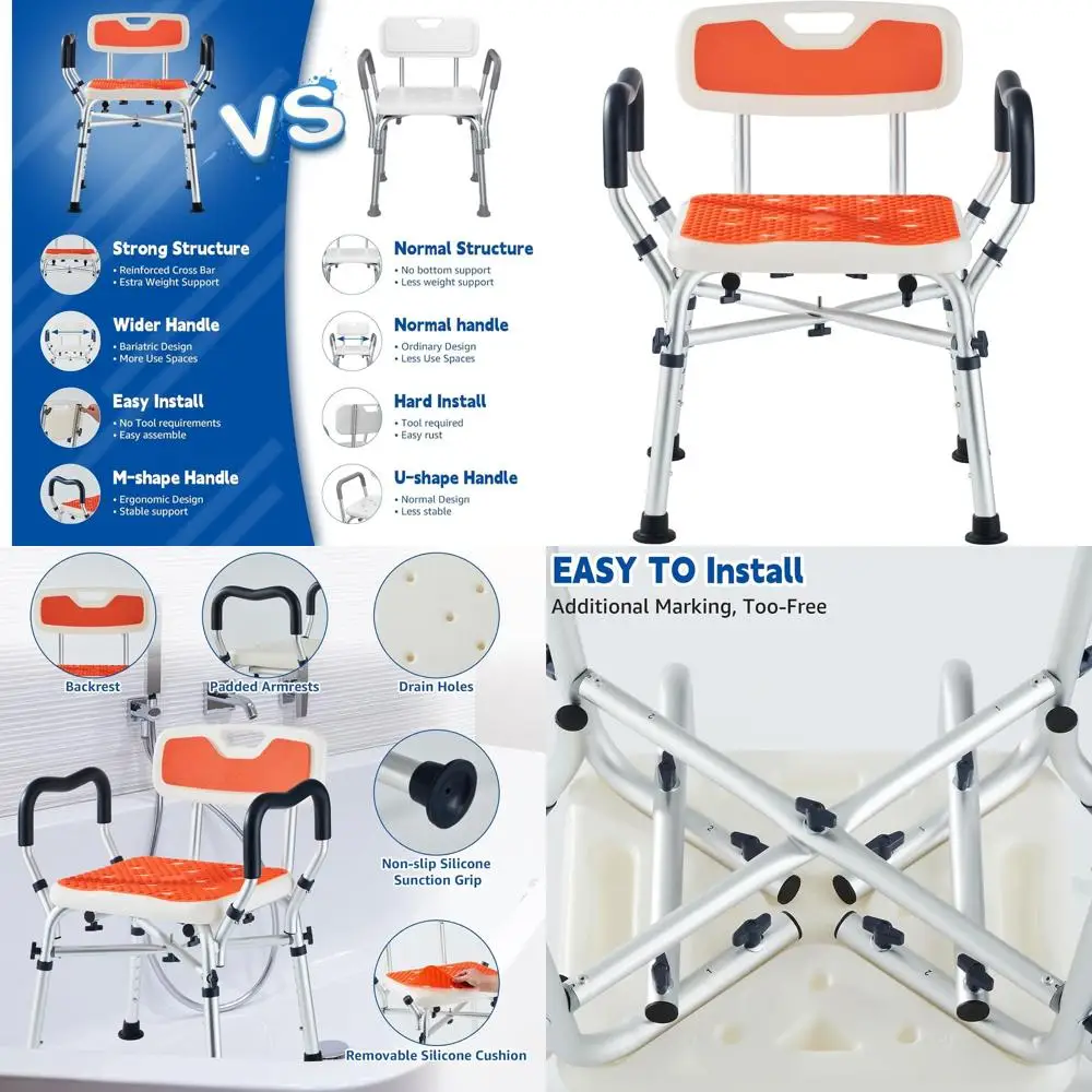 

Heavy-Duty Padded Shower Seat with Arms & Back, 6-Level Adjustable, 550 LB Capacity for Elderly & Disabled