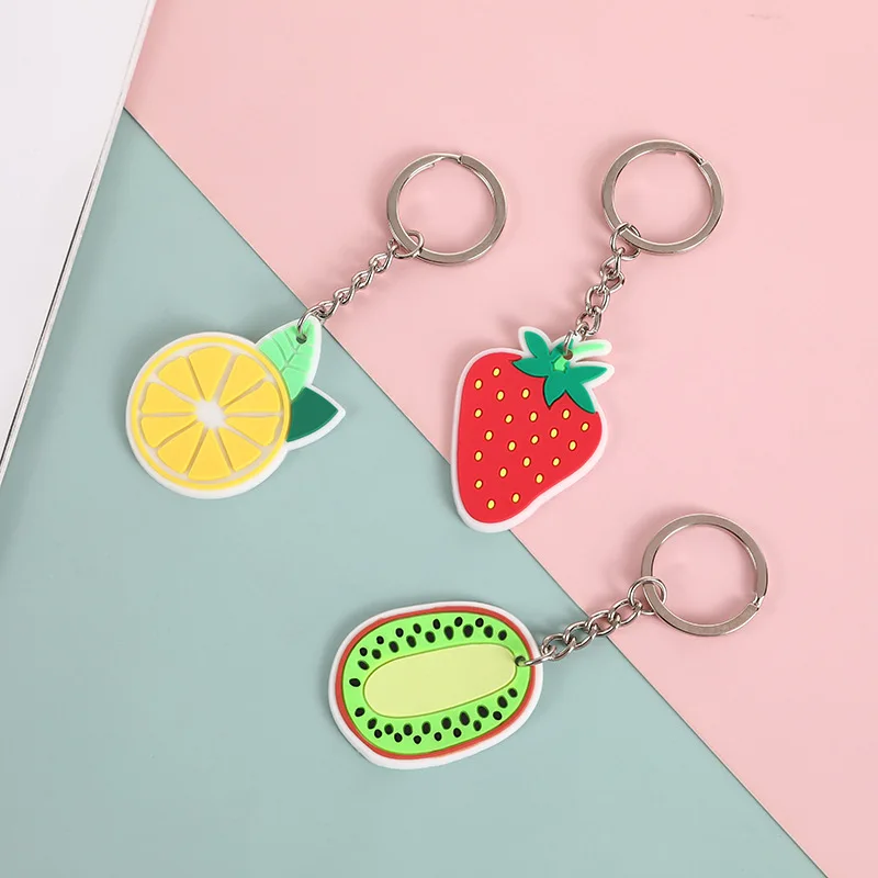 100Pcs/Lot PVC Fruit Keychain Hot Sales Key Ring Lemon Watermelon Rainbow Keys Kiwi Accessories Car Bag Pendant Key Chain Charm