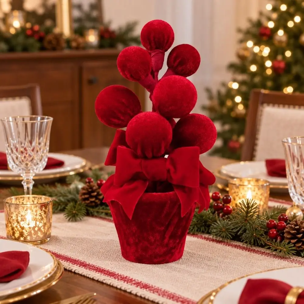 Velvet Fabric Red Christmas Ball Potted Plant Freestanding Artificial Pine Branches and Berries Mini Christmas Tree Potted