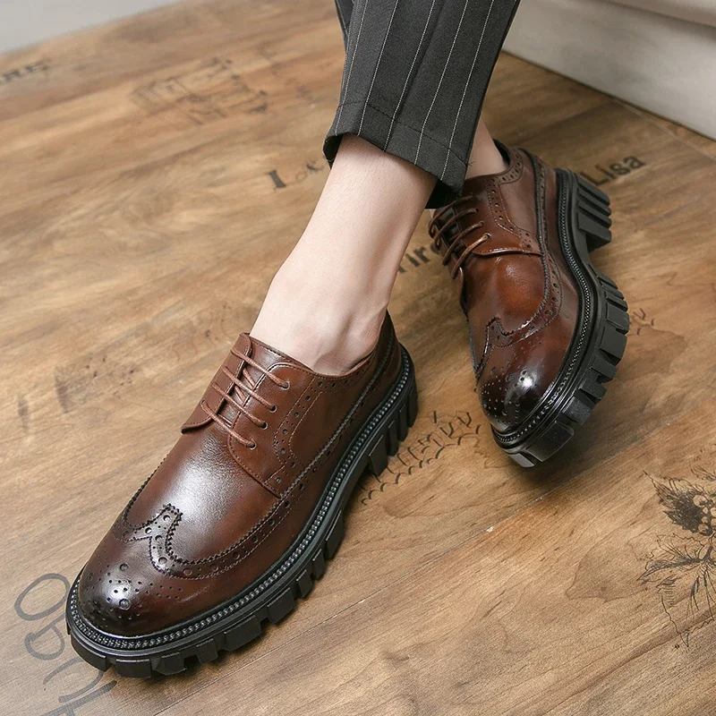 Spring Men Formal Business Thick Soled Lace-up Oxford Shoes Luxury Men\'s Dress Shoes Male Casual Leather Wedding Party Loafers