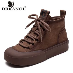 DRKANOL 2024 primavera donna scarpe alte in vera pelle piattaforma piatta scarpe da tavola Casual stivaletti con cerniera laterale in stile letterario