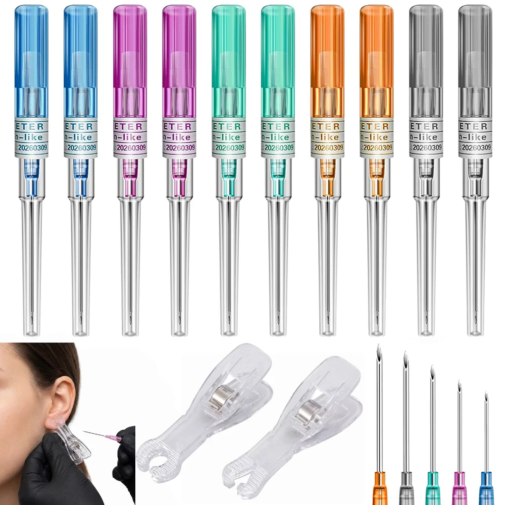

10Pcs/20Pcs Catheter Puncture Needle and Positioning Clip Set 14g, 16g, 18g, 20g Hollow Needle for Intravenous Puncture, Suitable for Ear, Nose, Lip, and Navel Punctures