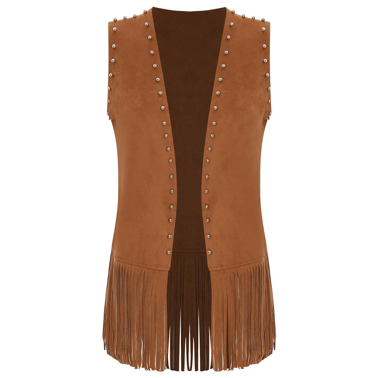 

Vintage Brown Vest Women Cowgirl Loose Fringe Vest Faux Suede Rivets Sleeveless Tassel Jacket Fashionable Folk Style Vest Coat