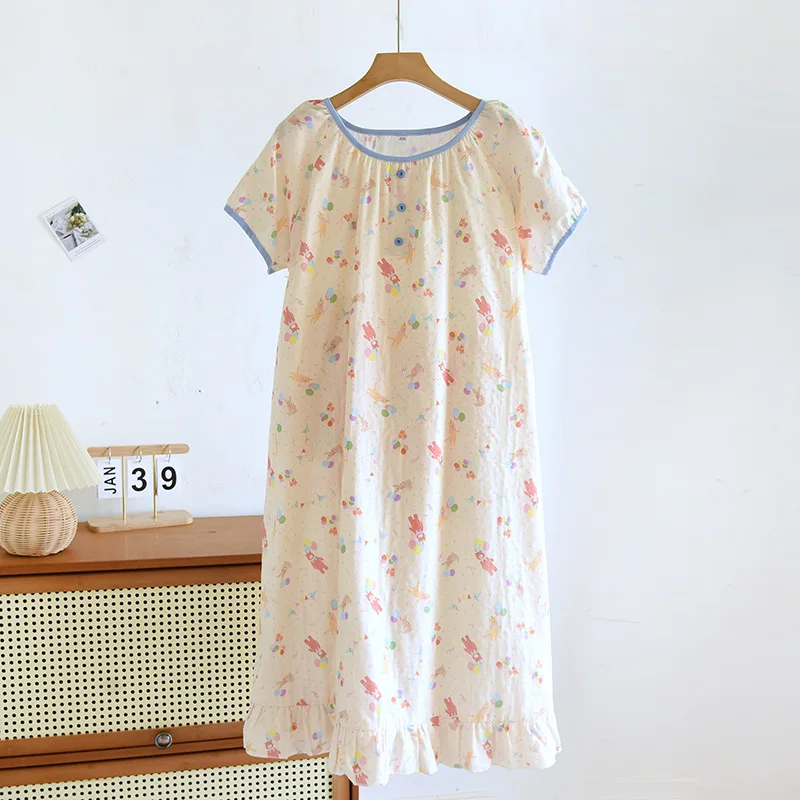 

Women's Short-sleeved Nightdress Sweet Thin Print Home Outfits Pullover Outwear Summer Cotton Double-layer Gauze Sleepshirts New