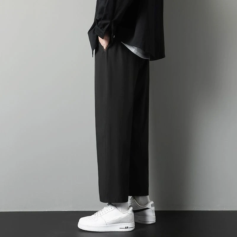 Mens Trendy Loose Straight Ice Silk Pants Spring Summer Wide Leg Cropped Trousers Versatile Casual Student Ankle Bottoms
