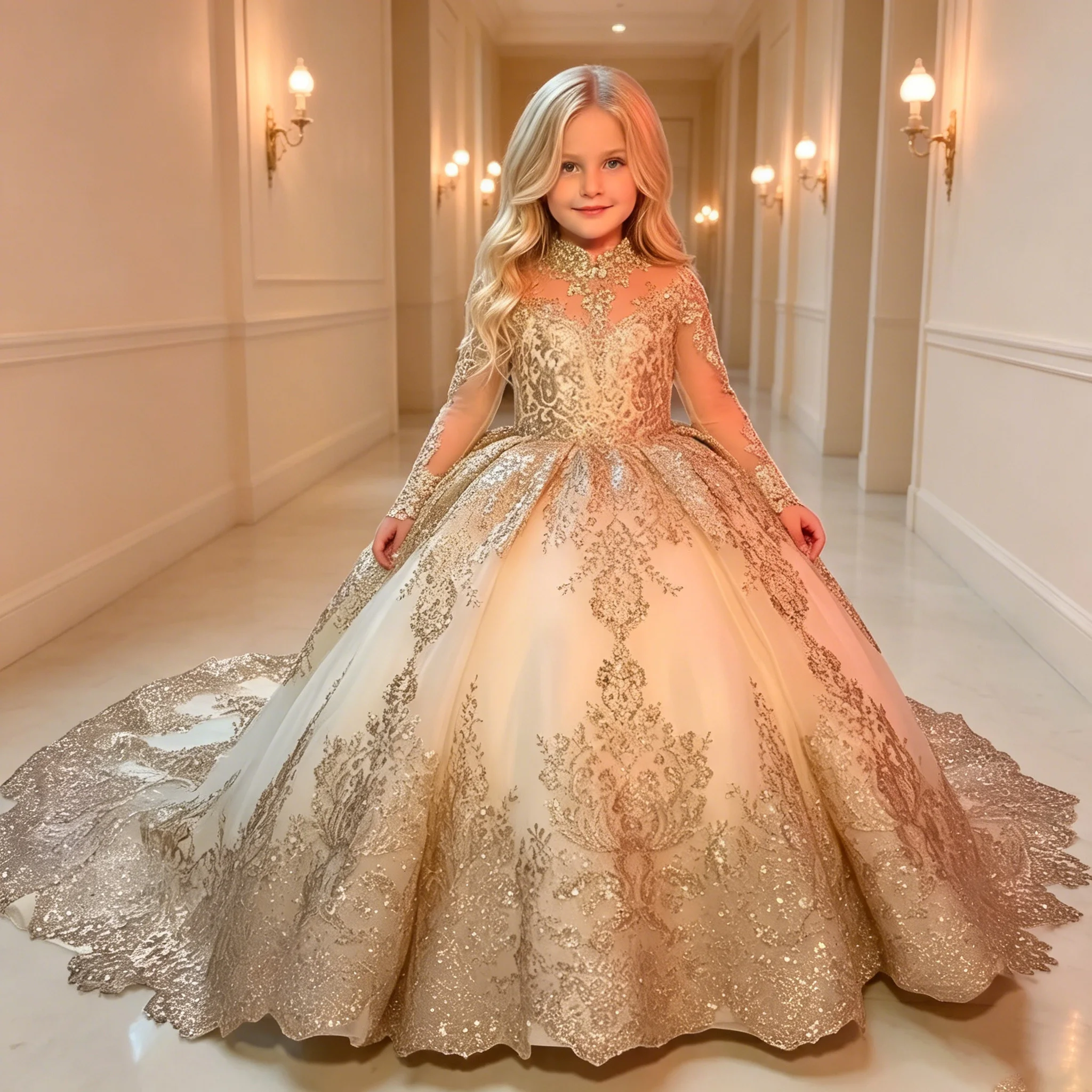 Customized Gold Flower Girl Dress Floral Appliques Long Sleeve For Wedding Birthday Prom Party Evening Banquet Princess Gown