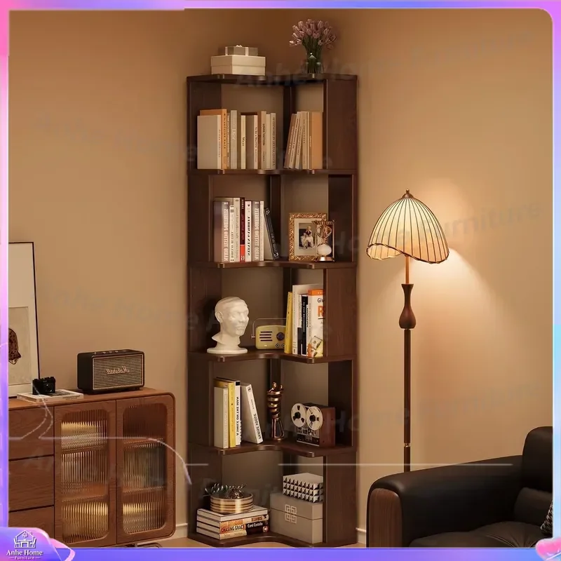 Solid Wood Corner Bookshelf Floor Standing Storage Cabinet Simple Living Room Bedroom Bedside Wall Corner Shelf Unit