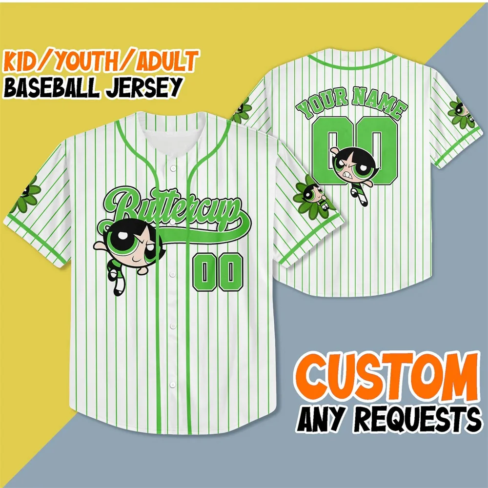 Tout nouveau maillot de Baseball personnalisé Powerpuff pour filles, bulle de fleurs, mode de rue, chemise de Baseball à manches courtes pour hommes et femmes