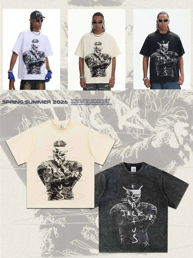 Travis Scott Men's Graphic Print T-Shirt Vintage American Style Heavyweight Cotton Breathable Summer Short-Sleeve Top