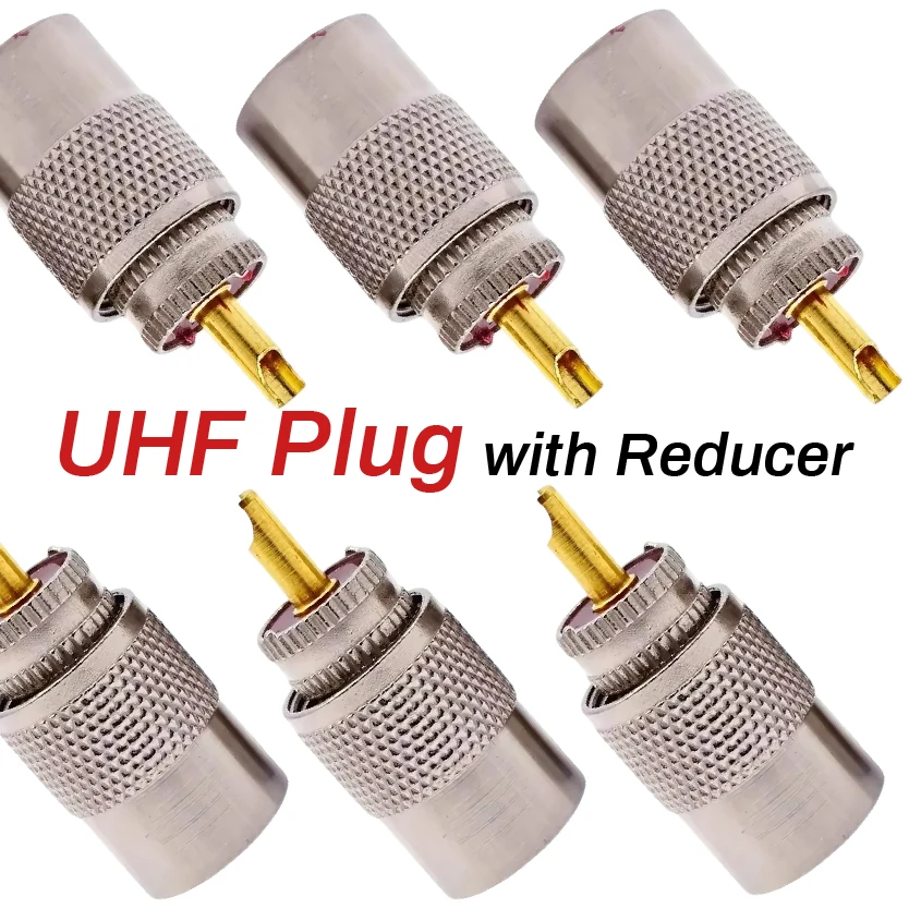 

UHF-разъем (штекер) с редуктором и винтовым соединением PL259 для коаксиального кабеля RG58, RG59, RG6U