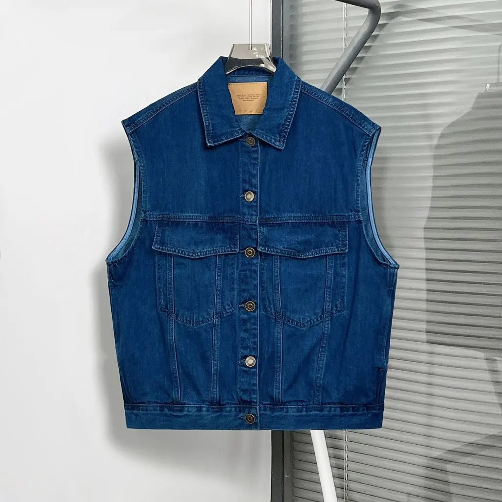 

House25 Summer New Vintage Lapel Loose Denim Sleeveless Open Cardigan Vest Women's Fashion Outerwear Casual Style