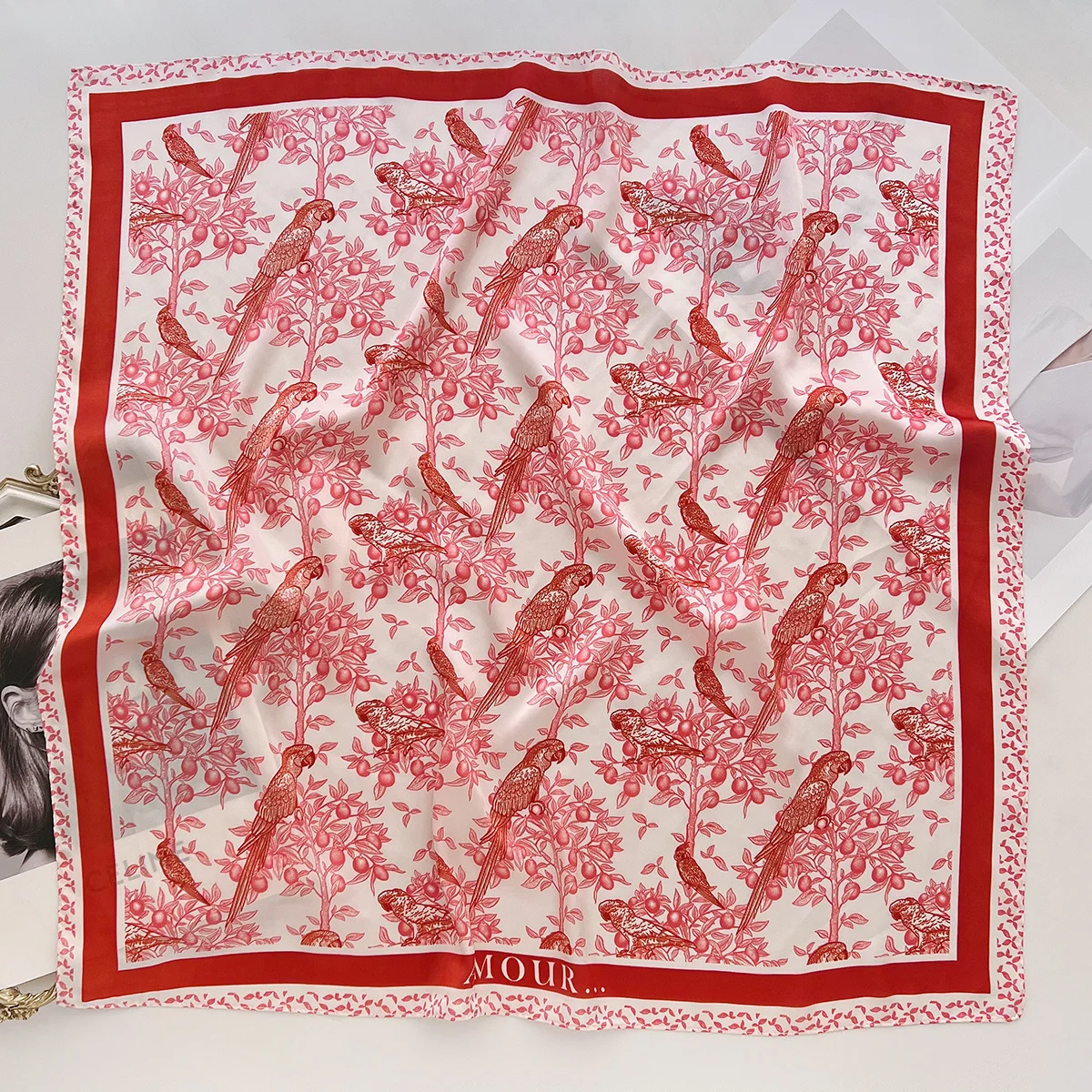 Imitation Silk Red Print Square Scarf For Women, Bandana Spring/Summer Luxury Scarf,Hair Head Band For Dressing Up Your Look