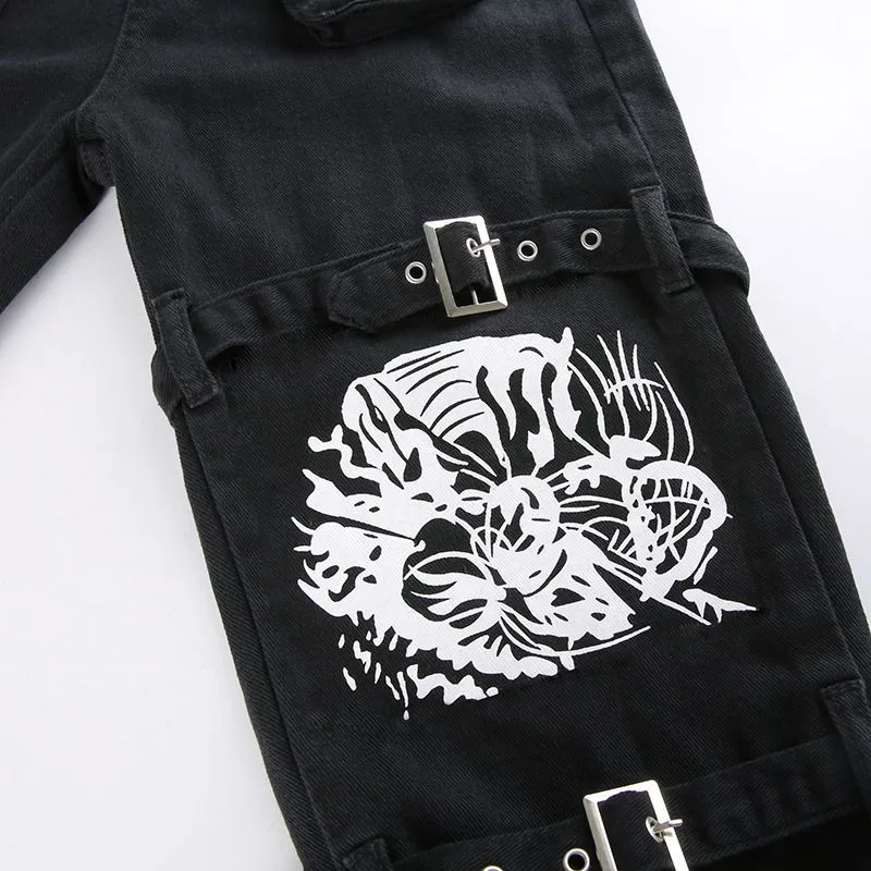 Y2K Metal Button High Waisted Straight Leg Jeans Drop Crotch Print Streetwear Pants Hip Hop Cargo Denim Trousers for Women