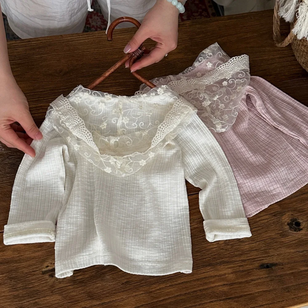 INS Style Toddler Girls Blouse Floral Lace Ruffle Collar Baby Long Sleeve Top Stretchy Breathable Daily Casual Undershirts