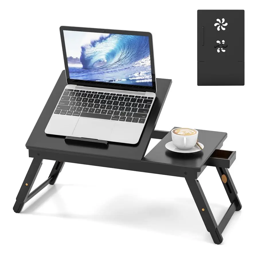 

Bamboo Laptop Desk for Bed, Adjustable Serving Tray Breakfast Table with Tilting Desktop, Folding Lap Tray with Removable Stoppe