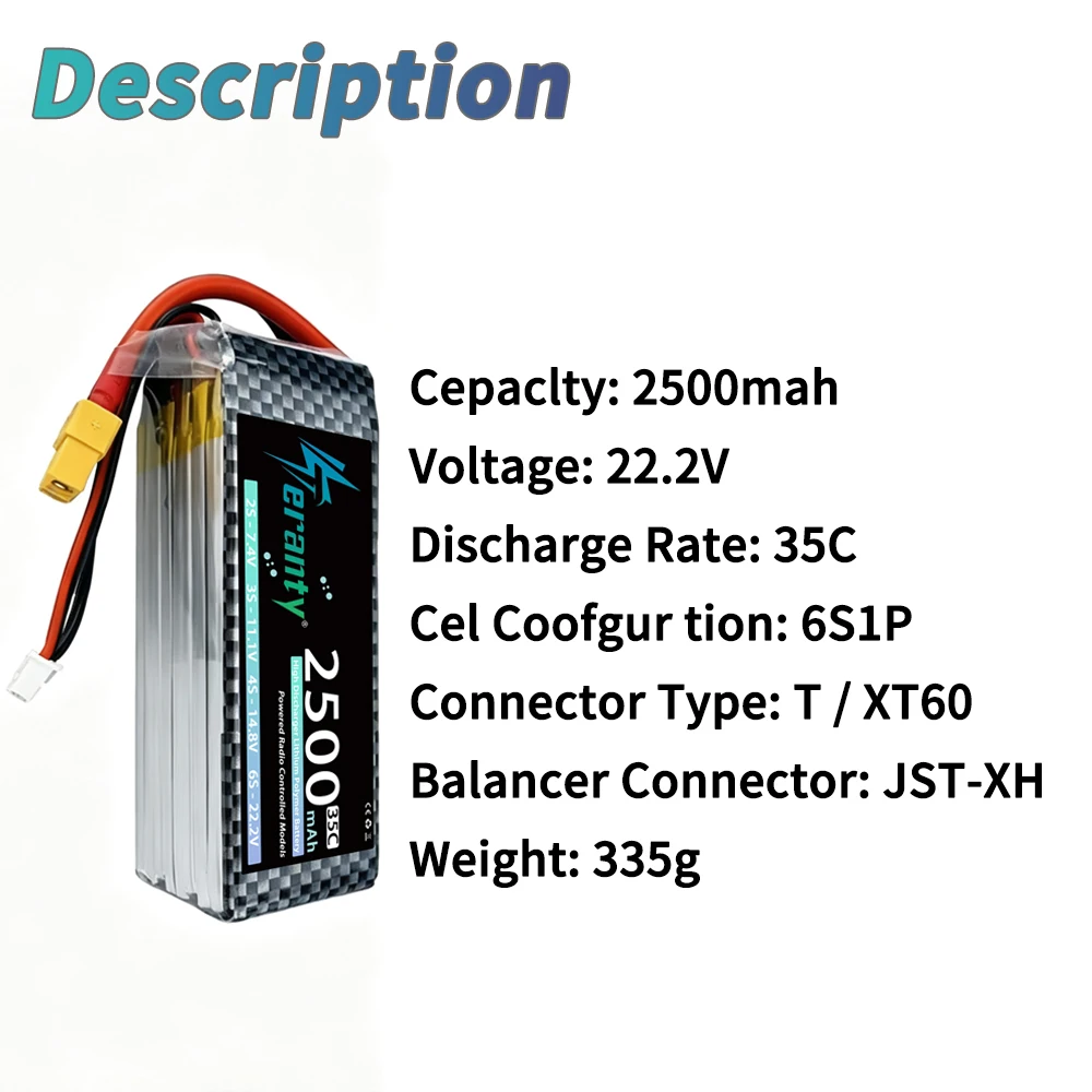 TERANTY 6S 2200mAh Lipo Battery 22.2V 35C with XT60 Plug for RC Car Truck Tank RC Airplane FPV Drone Racing Hobby Battery