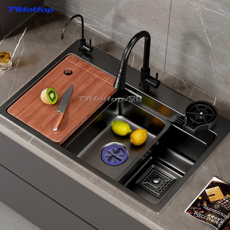 Kitchen Stainless Steel Sink Black Nano Washbasin Large Single Sink Washbasin Basin Thickened Dishwashing Tank