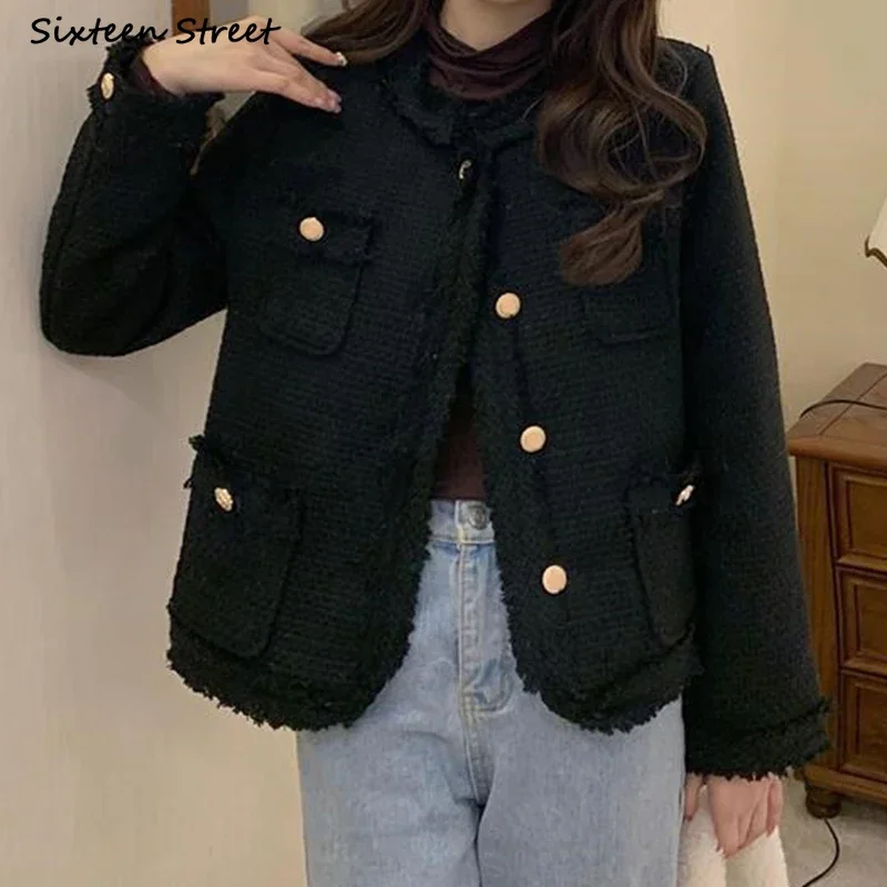 Autumn Tweed Coat Women Single-breasted Elegant O-neck Wool Jacket Winter Ladies Business Streetwear Vintage Clothing OL