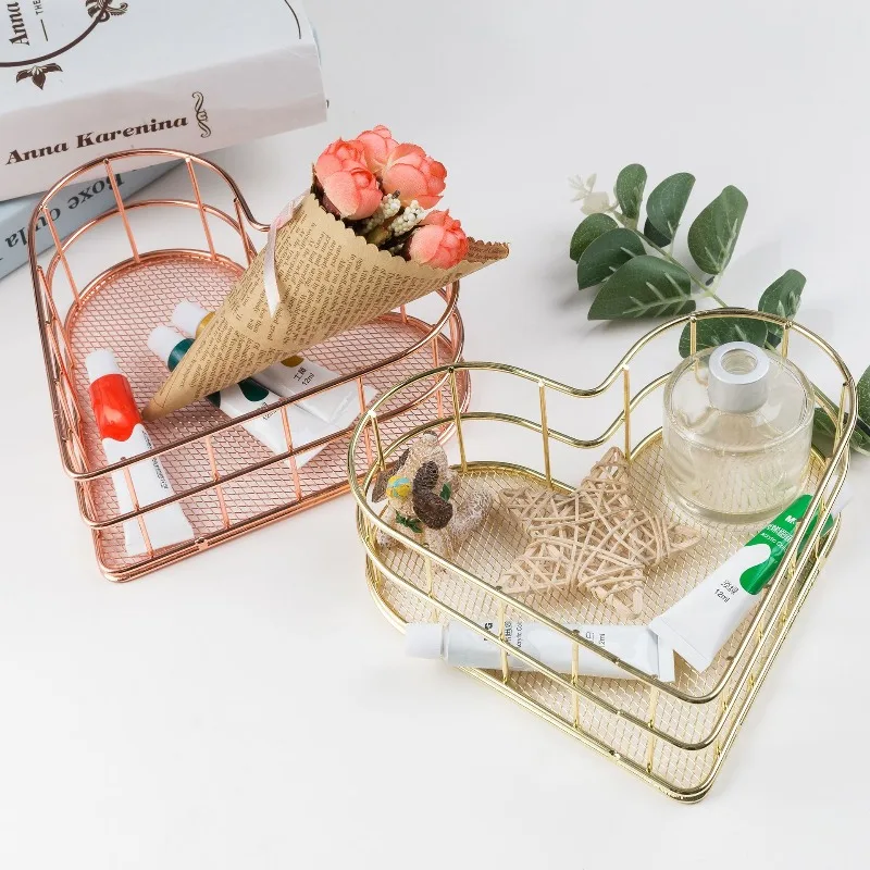 

Nordic Heart Shape Storage Basket Rose Gold Metal Wire Desk Organizer Decorative Holder INS Casual Solid Color Pen Holder