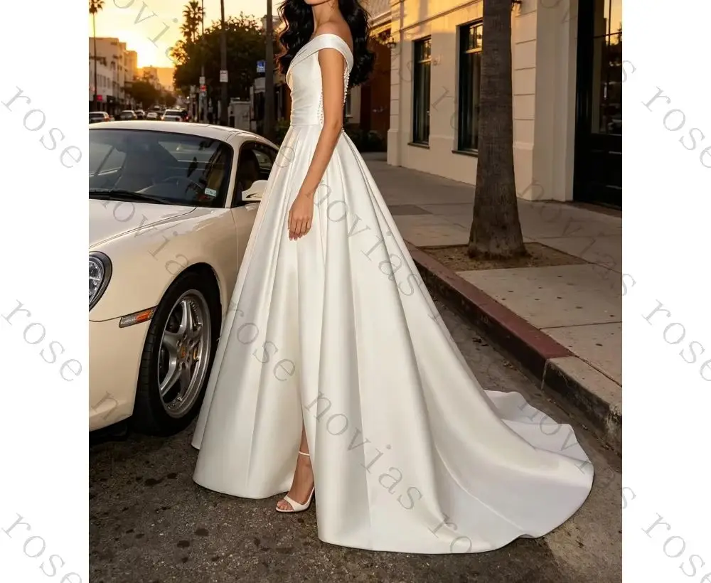 Customized Elegant Shoulder Satin A-line Wedding Dress Ruffled Sleeveless Fluffy Bridal Gown Zipper Back Suitable for Parties