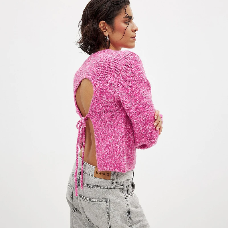 

Tornova Backless Sexy Knitted Sweater Women's Lcae Up Loose Casual Top Long Sleeve 2026 Fashion Short Sweater Pullovers Solid