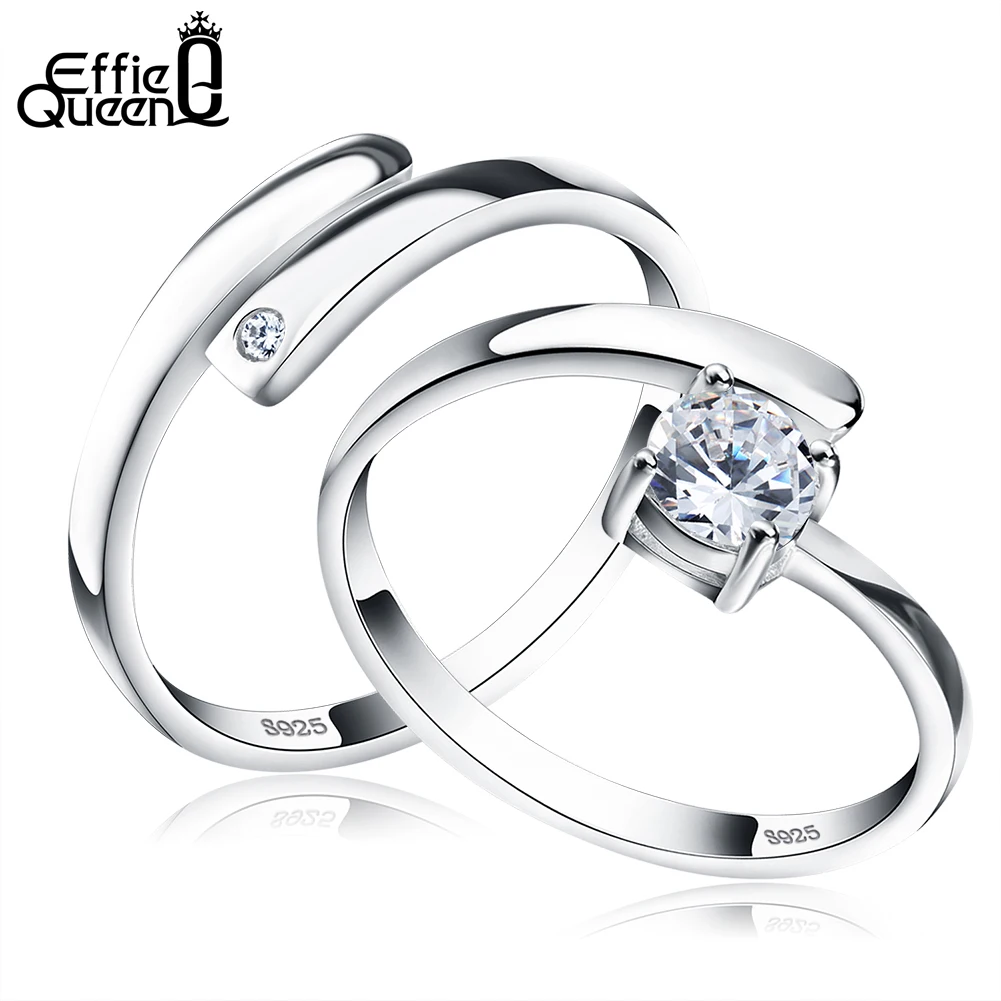 Effie Queen 925 Sterling Silver Open Rings Two Style for Women Shiny AAA Cubic Zirconia Stackable Finger Ring Jewelry Gift SR22