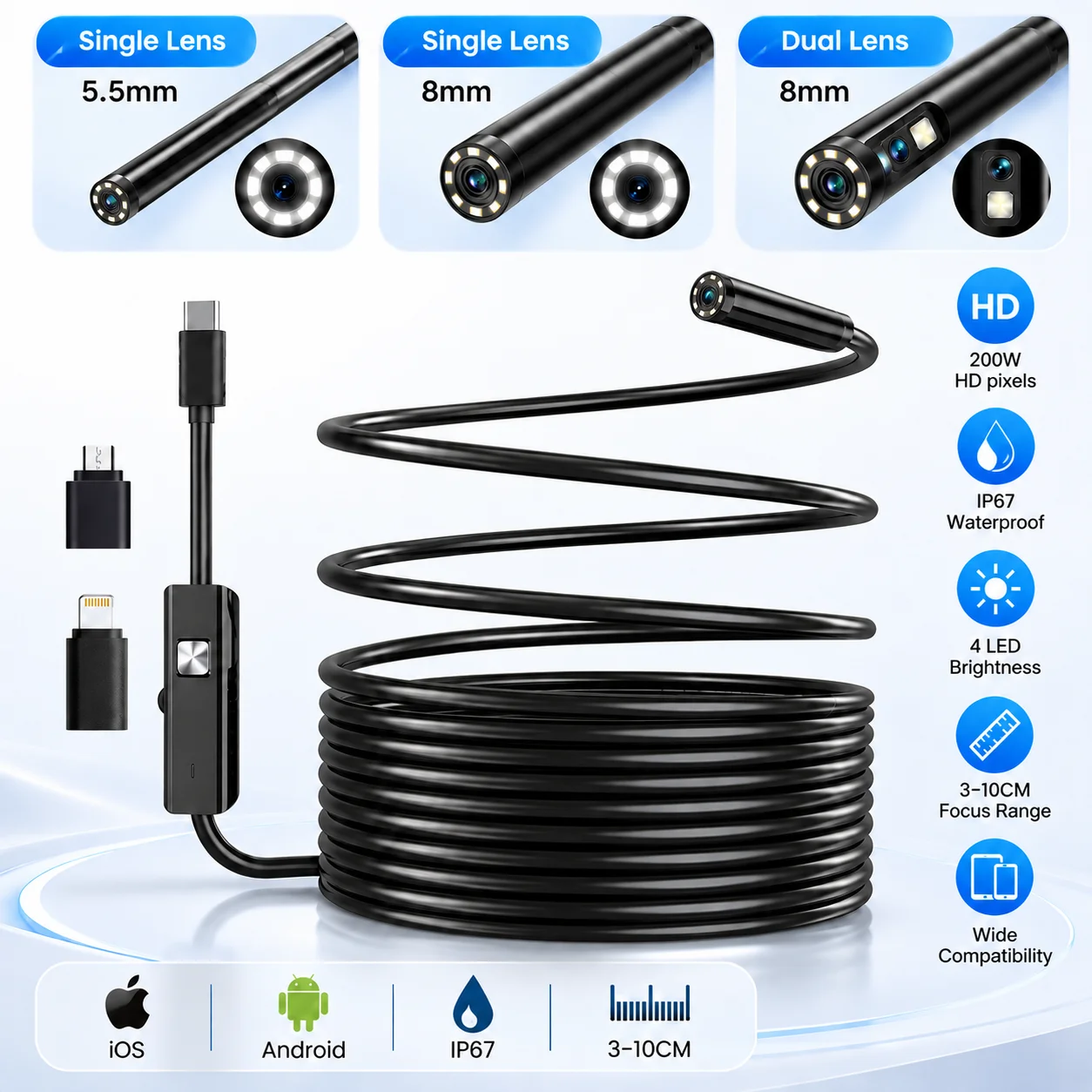 USB Endoscope Camera 5.5mm 8mm 2MP HD 8 LED IP67 Waterproof Borescope Single Dual Lens for iPhone Android Pipe Inspection