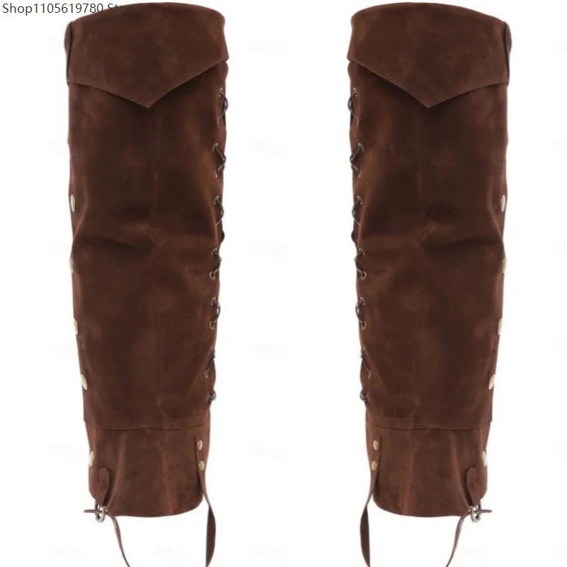 Retro Medieval Style Faux‑Suede Boot Covers Metal Rivet Buttons Adjustable Buckle Strap Adult Role‑play Cosplay Footwear Decor
