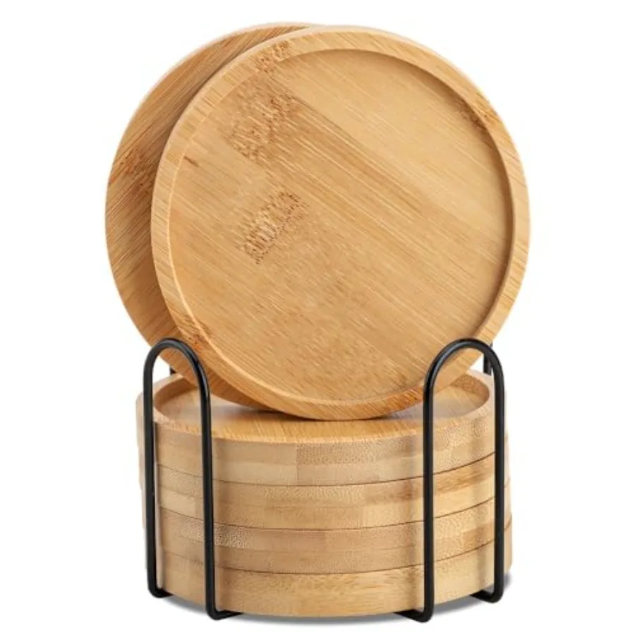 

Bamboo Coaster Set of 6 with Lid Holder for Coffee Table, Wooden Coasters for Drinks Saucers for Planters Tabletop Protection H