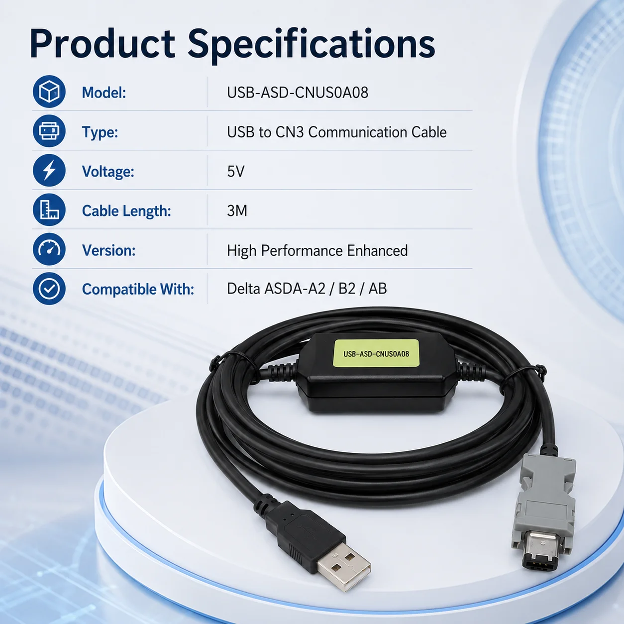 USB-ASD-CNUS0A08 CN3 Programming Cable for Delta ASDA-A2 B2 AB Servo Drive USB to RS232 3M 5V