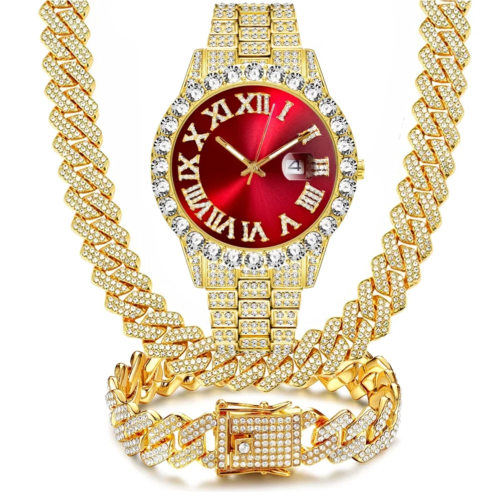 

Красный Зеленый Циферблат Полный Iced Out Часы Для Мужчин Золотой 15 мм Кубинская Цепочка Браслет Ожерелье Чокеры Клубный Блестящий Комплект Ювелирных Изделий Подарки