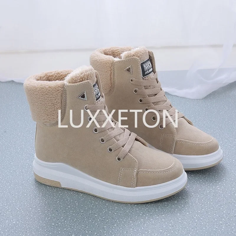 2024 Winter Boots Women Ankle Boots Warm PU Plush Winter Woman Shoes Sneakers Flats Lace Up Ladies Shoes Women Short Snow Boots