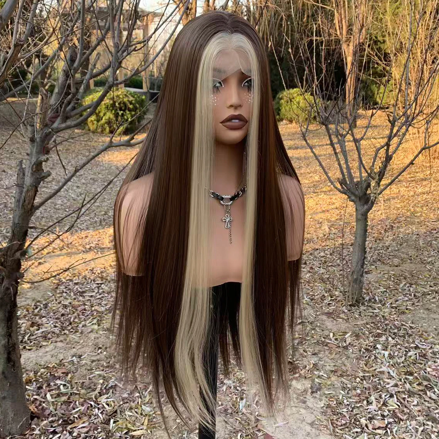 Ombre Brown Blonde Synthetic Lace Front Wig 26inch Straight Glueles Heat Resistant Fiber Wig 150% Density Half Hand Tied Wig